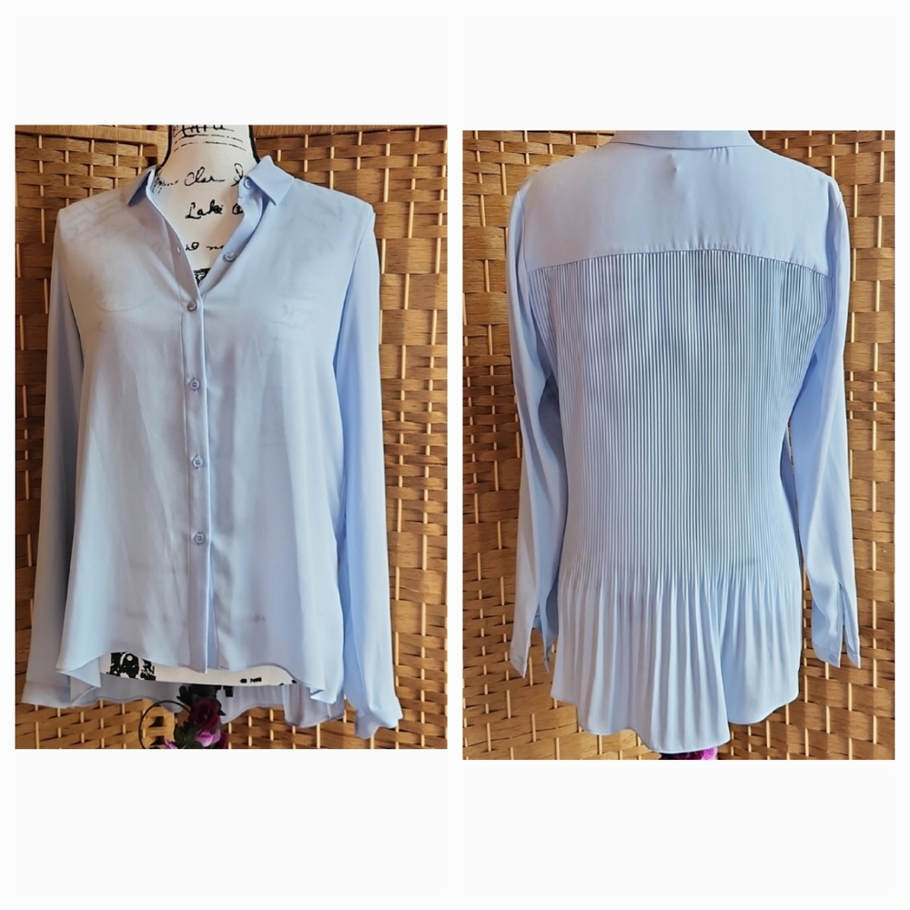 Women's Light Blue, Professional, Officewear  Pleated Lightweight Collard Top